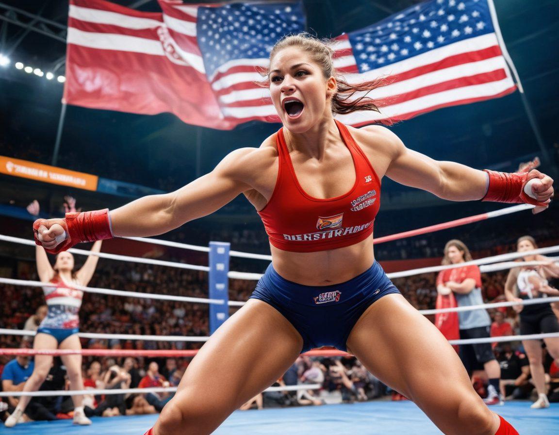 A dynamic scene featuring a female wrestler in a powerful pose, showcasing strength and determination as she dominates the wrestling ring. Surround her with vibrant banners celebrating female empowerment in sports, with diverse female athletes in action in the background. Add a cheering crowd filled with fans holding signs of support for women in wrestling. The atmosphere should be electric, capturing both athleticism and inspiration. super-realistic. vibrant colors. action-packed.
