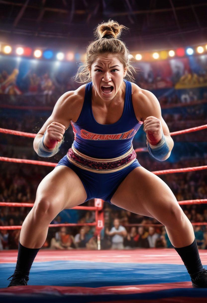 A powerful scene showcasing a female grappler in mid-action, displaying strength and grace, set against a vibrant wrestling ring packed with enthusiastic fans. The background should feature colorful banners celebrating female athletes, with a spotlight shining on the grappler. Emphasize her fierce expression and athletic build, capturing the essence of empowerment in sports. super-realistic. vibrant colors. dynamic composition.